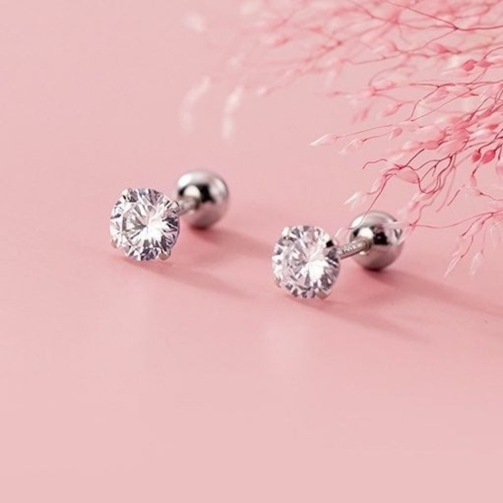 Screw backs CZ diamond studs earrings-ESB006 5mm Silver